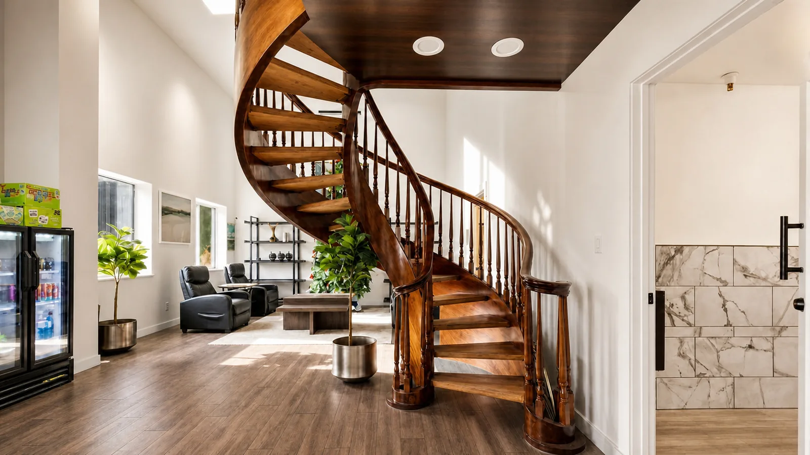 The staircase and lounge inside the Anata office