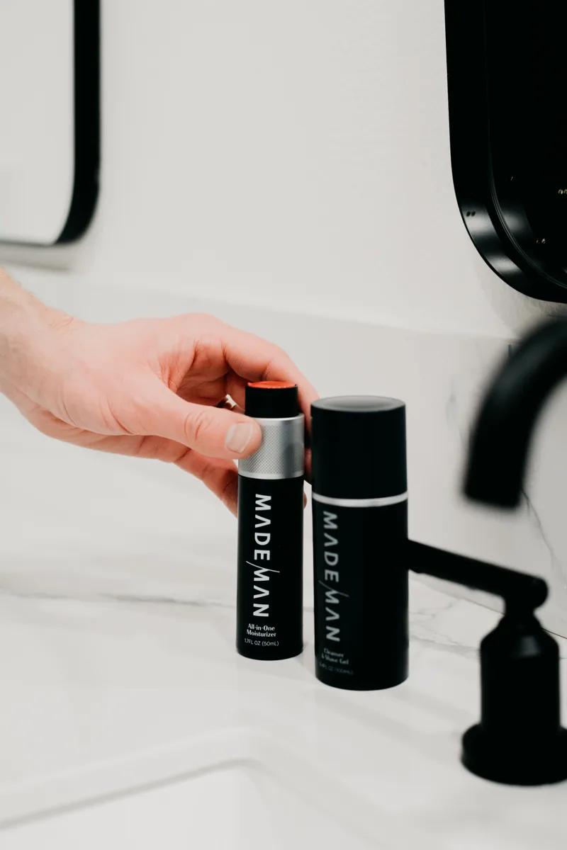 MadeMan skincare products with consistent black packaging
