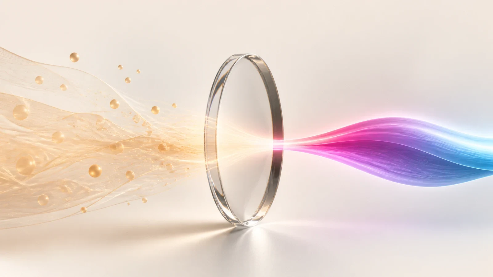 Amber signal strands pass through a clear lens and emerge as a focused magenta and blue form